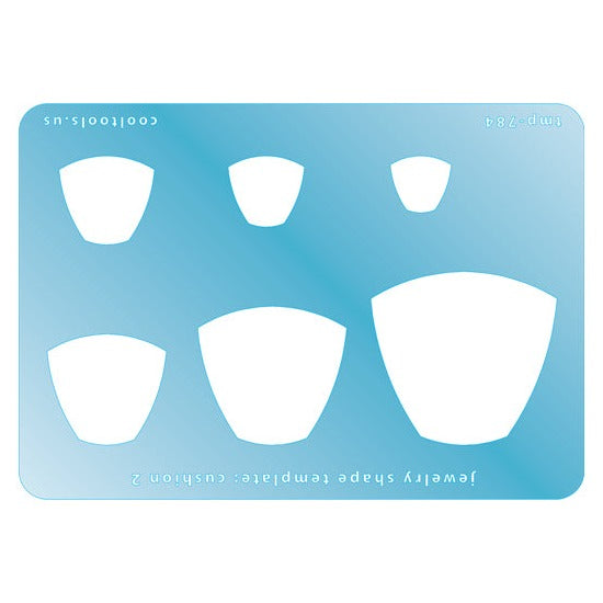 Blue plastic Jewelry Shape Template - Cushion 2 Includes 6 shapes. Sizes are from 14.5mm to 43.5mm. Our special surface makes it easy to find these templates on your workbench, but allows clarity for positioning.