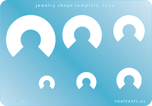 Blue plastic Jewelry Shape Template - Loop Includes 6 shapes. Sizes are from 13.5mm to 41.5mm.  Our special surface makes it easy to find these templates on your workbench, but allows clarity for positioning.