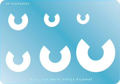 Blue plastic Jewelry Shape Template - Loop Includes 6 shapes. Sizes are from 13.5mm to 41.5mm.  Our special surface makes it easy to find these templates on your workbench, but allows clarity for positioning.