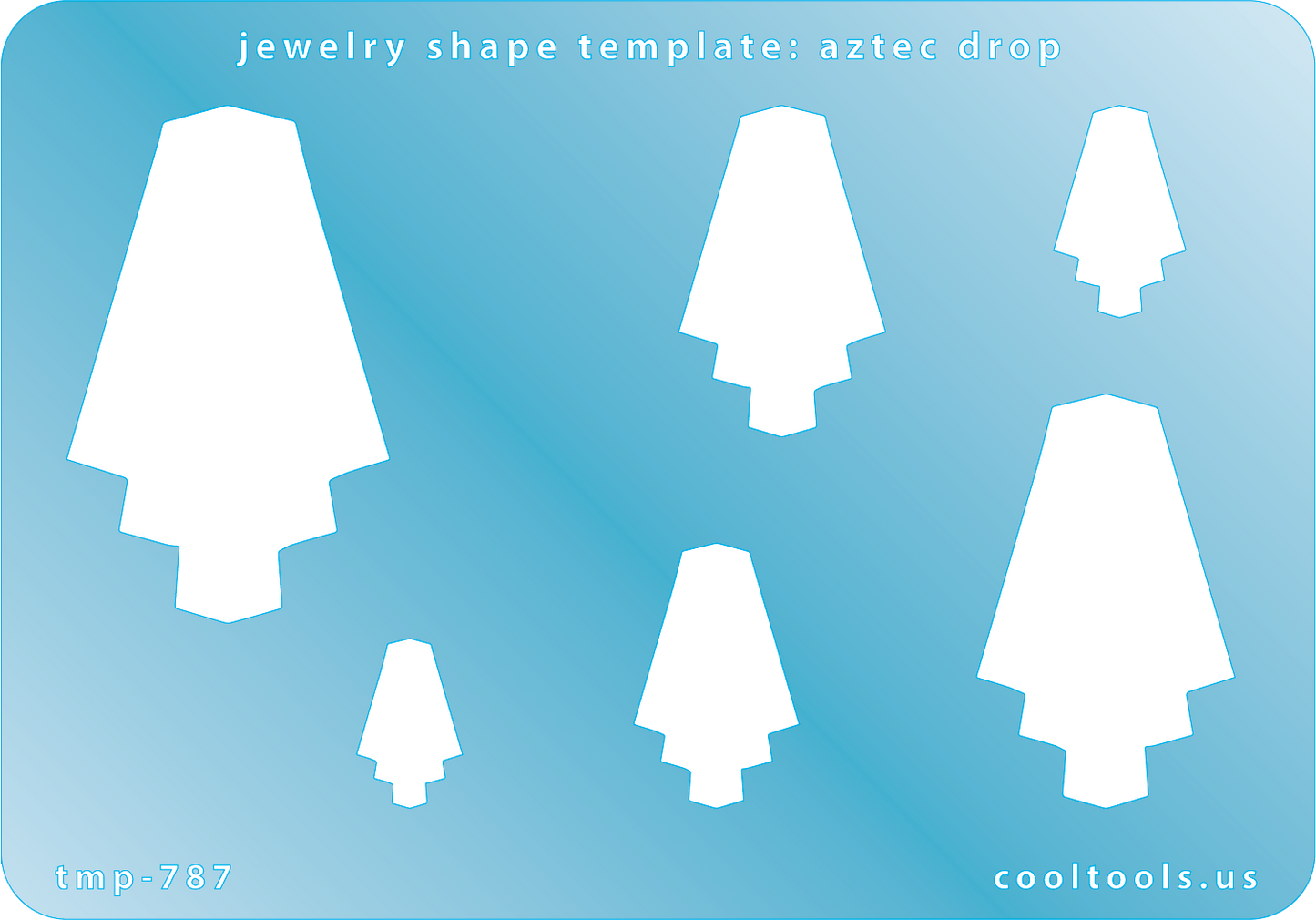 Blue plastic Jewelry Shape Template - Aztec Drop Includes 6 shapes. Sizes are from 16mm to 50mm.  Our special surface makes it easy to find these templates on your workbench, but allows clarity for positioning.