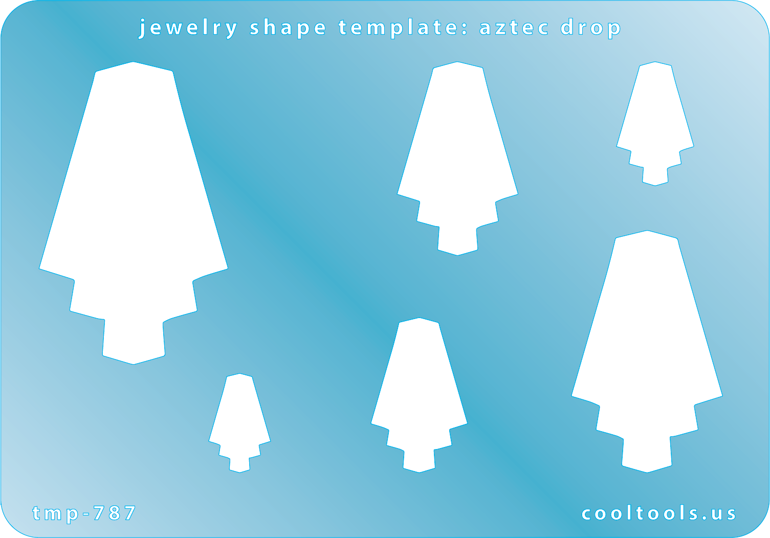 Blue plastic Jewelry Shape Template - Aztec Drop Includes 6 shapes. Sizes are from 16mm to 50mm.  Our special surface makes it easy to find these templates on your workbench, but allows clarity for positioning.