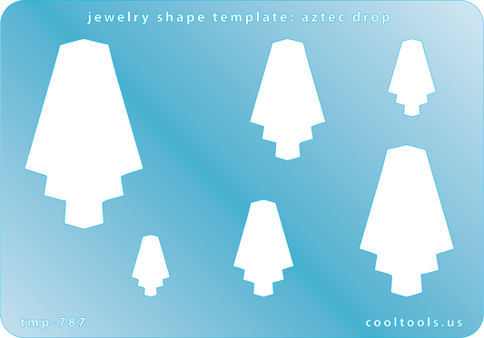 Blue plastic Jewelry Shape Template - Aztec Drop Includes 6 shapes. Sizes are from 16mm to 50mm.  Our special surface makes it easy to find these templates on your workbench, but allows clarity for positioning.