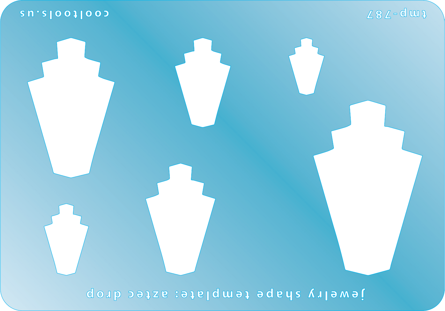Blue plastic Jewelry Shape Template - Aztec Drop Includes 6 shapes. Sizes are from 16mm to 50mm.  Our special surface makes it easy to find these templates on your workbench, but allows clarity for positioning.