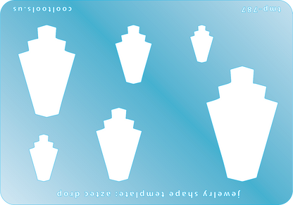 Blue plastic Jewelry Shape Template - Aztec Drop Includes 6 shapes. Sizes are from 16mm to 50mm.  Our special surface makes it easy to find these templates on your workbench, but allows clarity for positioning.