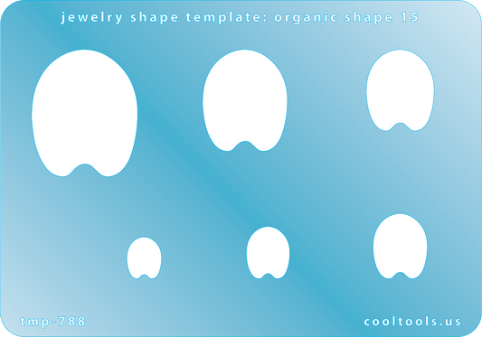 Blue plastic Jewelry Shape Template - Organic Shape 15 Includes 6 shapes. Sizes are from 11mm to 34mm.  Our special surface makes it easy to find these templates on your workbench, but allows clarity for positioning.