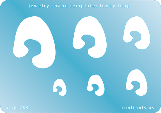 Blue plastic Jewelry Shape Template - Funky Loop Includes 6 shapes. Sizes are from 13.5mm to 42mm.  Our special surface makes it easy to find these templates on your workbench, but allows clarity for positioning.