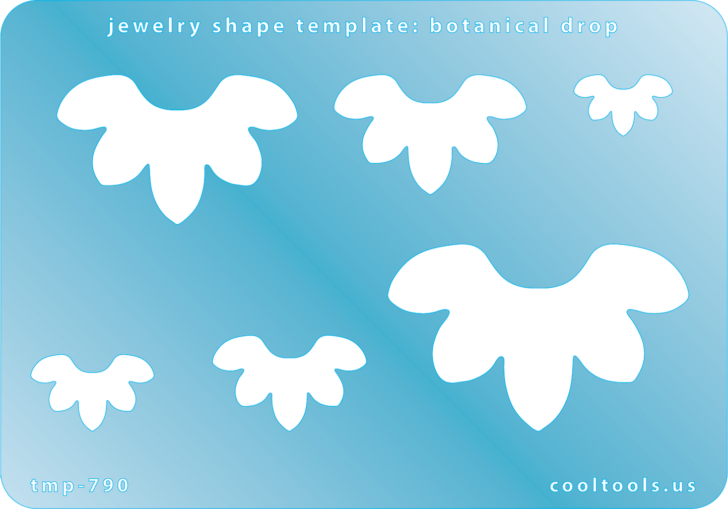 Blue plastic Jewelry Shape Template - Botanical Drop Includes 6 shapes. Sizes are from 16.5mm to 53mm.  Our special surface makes it easy to find these templates on your workbench, but allows clarity for positioning.