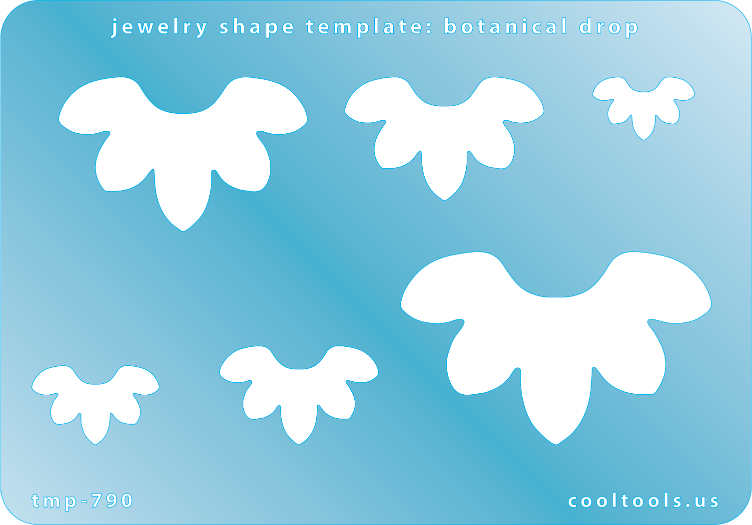Blue plastic Jewelry Shape Template - Botanical Drop Includes 6 shapes. Sizes are from 16.5mm to 53mm.  Our special surface makes it easy to find these templates on your workbench, but allows clarity for positioning.