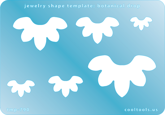 Blue plastic Jewelry Shape Template - Botanical Drop Includes 6 shapes. Sizes are from 16.5mm to 53mm.  Our special surface makes it easy to find these templates on your workbench, but allows clarity for positioning.