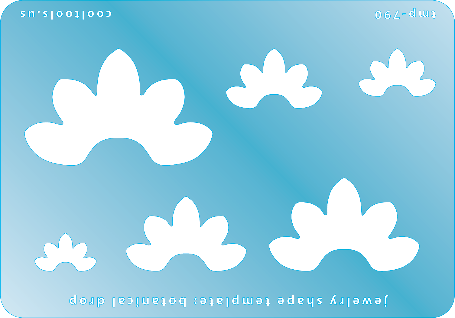 Blue plastic Jewelry Shape Template - Botanical Drop Includes 6 shapes. Sizes are from 16.5mm to 53mm.  Our special surface makes it easy to find these templates on your workbench, but allows clarity for positioning.