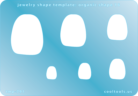 Blue plastic Jewelry Shape Template - Organic Shape 16 Includes 6 shapes. Sizes are from 12.5mm to 40mm.  Our special surface makes it easy to find these templates on your workbench, but allows clarity for positioning.
