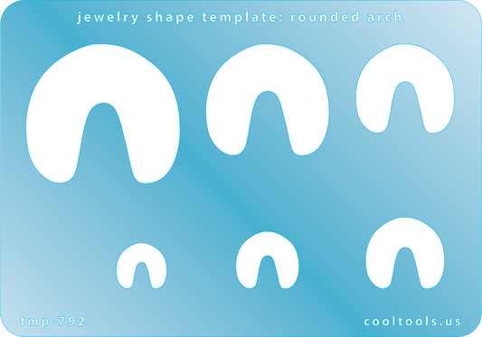 Blue plastic Jewelry Shape Template - Rounded Arch Includes 6 shapes. Sizes are from 13mm to 40mm.  Our special surface makes it easy to find these templates on your workbench, but allows clarity for positioning.