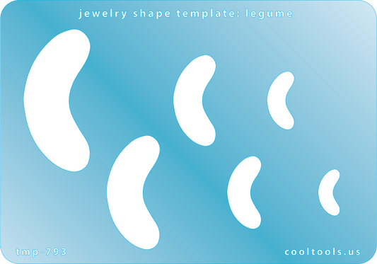 Blue plastic Jewelry Shape Template - Legume Includes 6 shapes. Sizes are from 15.5mm to 48mm.  Our special surface makes it easy to find these templates on your workbench, but allows clarity for positioning.