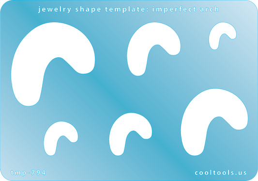 Blue plastic Jewelry Shape Template - Imperfect Arch Includes 6 shapes. Sizes are from 19mm to 47mm.  Our special surface makes it easy to find these templates on your workbench, but allows clarity for positioning.