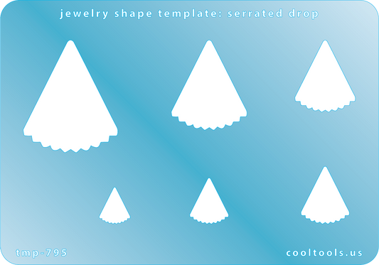 Blue plastic Jewelry Shape Template - Serrated Drop Includes 6 shapes. Sizes are from 12mm to 37.5mm.  Our special surface makes it easy to find these templates on your workbench, but allows clarity for positioning.
