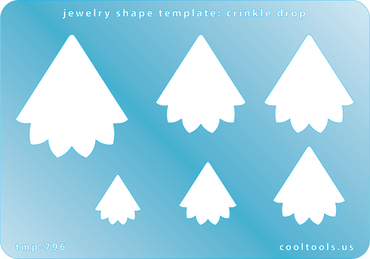 Blue plastic  Jewelry Shape Template - Crinkle Drop Includes 6 shapes. Sizes are from 17mm to 42mm.  Our special surface makes it easy to find these templates on your workbench, but allows clarity for positioning.
