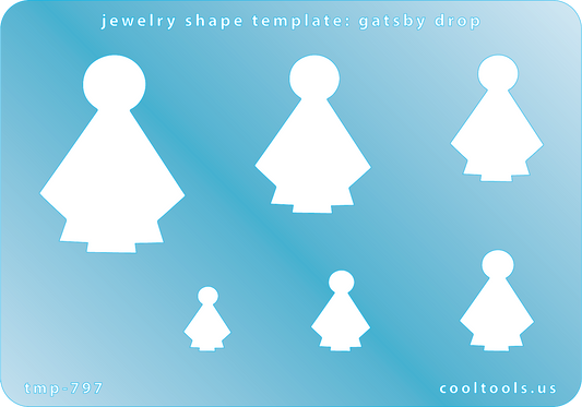 Blue plastic Jewelry Shape Template - Gatsby Drop Includes 6 shapes. Sizes are from 14mm to 43mm.  Our special surface makes it easy to find these templates on your workbench, but allows clarity for positioning.