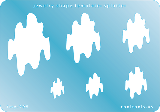 Blue plastic Jewelry Shape Template - Splatter Includes 6 shapes. Sizes are from 16mm to 50mm.  Our special surface makes it easy to find these templates on your workbench, but allows clarity for positioning.