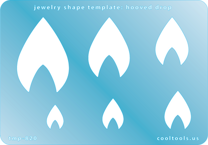 Blue plastic Jewelry Shape Template - Hooved Drop Includes 6 graduated sizes. Sizes are from 15mm to 47mm.  Our special surface makes it easy to find these templates on your workbench, but allows clarity for positioning.