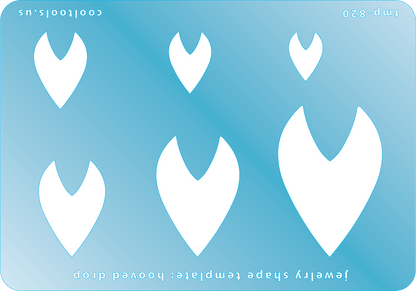 Blue plastic Jewelry Shape Template - Hooved Drop Includes 6 graduated sizes. Sizes are from 15mm to 47mm.  Our special surface makes it easy to find these templates on your workbench, but allows clarity for positioning.