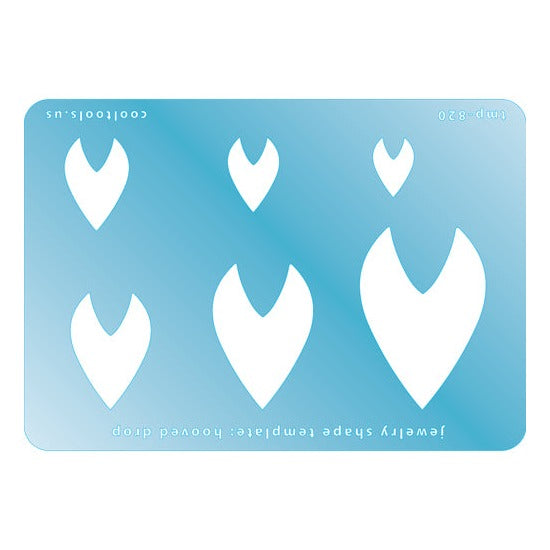 Blue plastic Jewelry Shape Template - Hooved Drop Includes 6 graduated sizes. Sizes are from 15mm to 47mm. Our special surface makes it easy to find these templates on your workbench, but allows clarity for positioning.