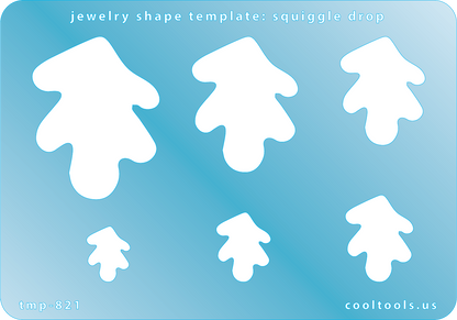 Blue plastic Jewelry Shape Template - Squiggle Drop Includes 6 graduated sizes. Sizes are from 15mm to 45.5mm.  Our special surface makes it easy to find these templates on your workbench, but allows clarity for positioning.