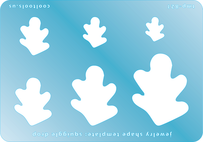 Blue plastic Jewelry Shape Template - Squiggle Drop Includes 6 graduated sizes. Sizes are from 15mm to 45.5mm.  Our special surface makes it easy to find these templates on your workbench, but allows clarity for positioning.