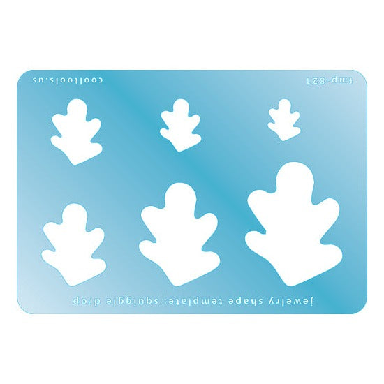 Blue plastic Jewelry Shape Template - Squiggle Drop Includes 6 graduated sizes. Sizes are from 15mm to 45.5mm. Our special surface makes it easy to find these templates on your workbench, but allows clarity for positioning.