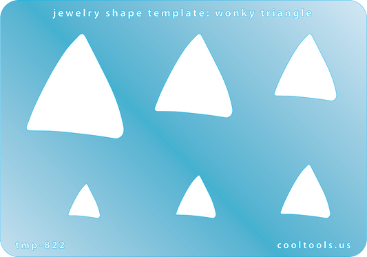 Blue plastic Jewelry Shape Template - Wonky Triangle Includes 6 graduated sizes. Sizes are from 11.5mm to 39mm.  Our special surface makes it easy to find these templates on your workbench, but allows clarity for positioning.