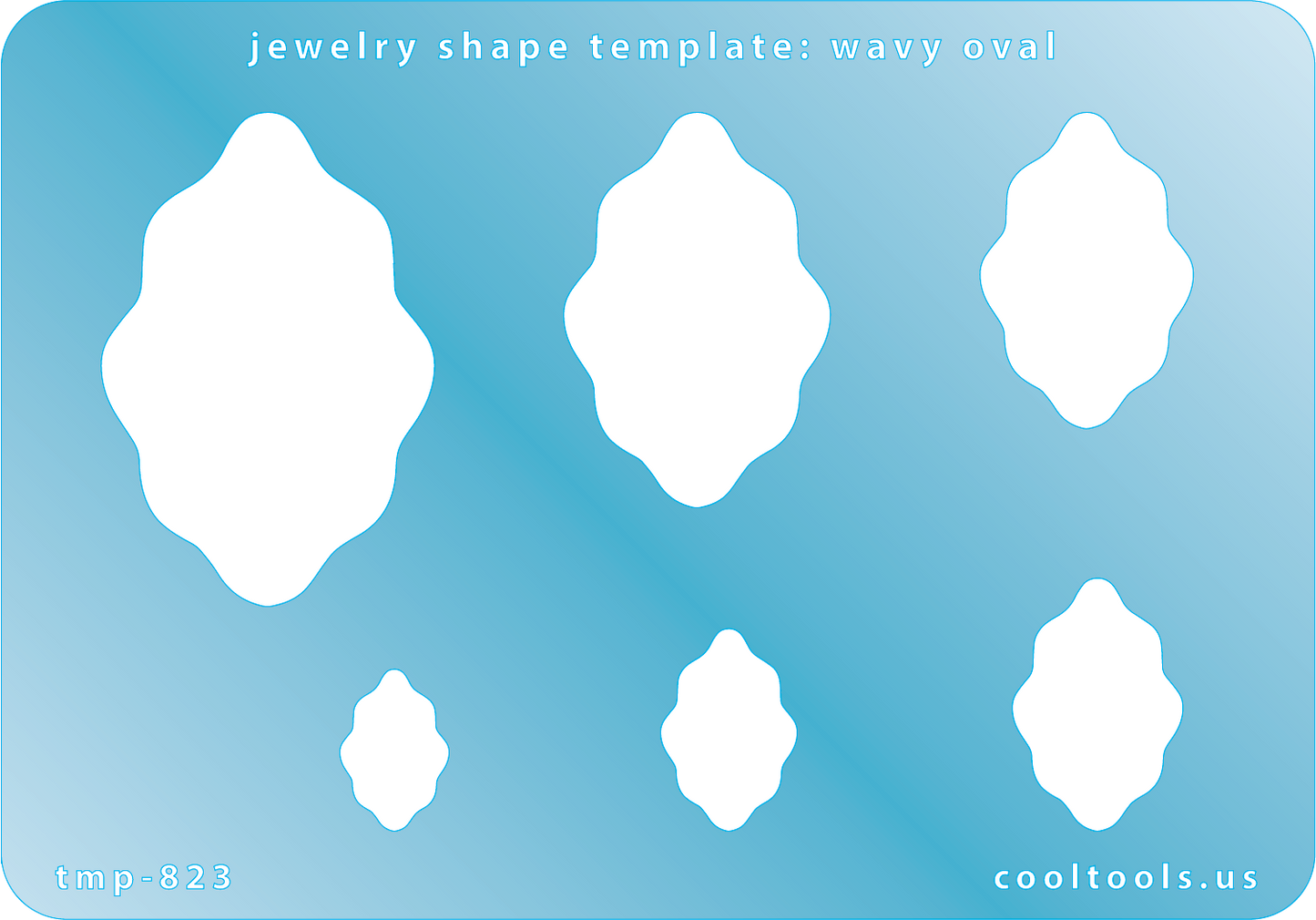 Blue plastic Jewelry Shape Template - Wavy Oval Includes 6 graduated sizes. Sizes are from 15mm to 47.5mm.  Our special surface makes it easy to find these templates on your workbench, but allows clarity for positioning.