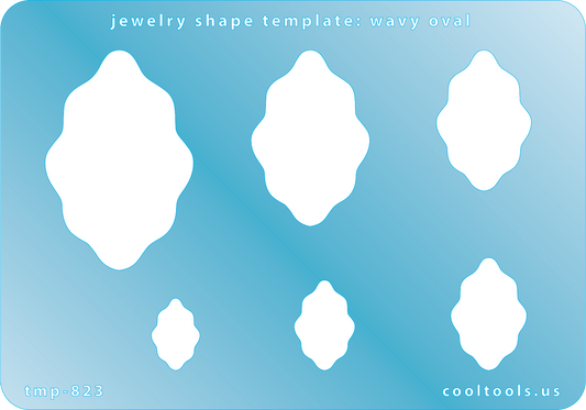 Blue plastic Jewelry Shape Template - Wavy Oval Includes 6 graduated sizes. Sizes are from 15mm to 47.5mm.  Our special surface makes it easy to find these templates on your workbench, but allows clarity for positioning.