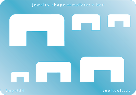 Blue plastic Jewelry Shape Template - C Bar Includes 6 graduated sizes. Sizes are from 17mm to 51.5mm.  Our special surface makes it easy to find these templates on your workbench, but allows clarity for positioning.
