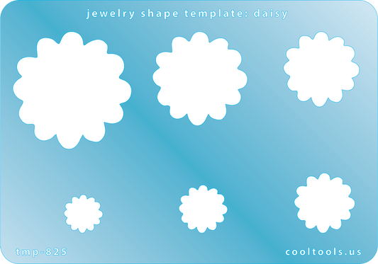 Blue plastic Jewelry Shape Template - Daisy Includes 6 graduated sizes. Sizes are from 12.5mm to 39.5mm.  Our special surface makes it easy to find these templates on your workbench, but allows clarity for positioning.