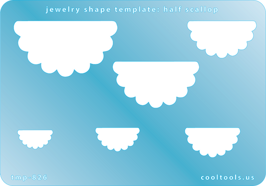 Blue plastic Jewelry Shape Template - Half Scallop Includes 6 graduated sizes. Sizes are from 16mm to 49.5mm.  Our special surface makes it easy to find these templates on your workbench, but allows clarity for positioning.