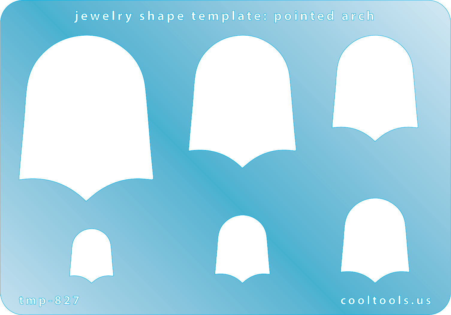 Blue plastic Jewelry Shape Template - Pointed Arch Includes 6 graduated sizes. Sizes are from 15mm to 47mm.  Our special surface makes it easy to find these templates on your workbench, but allows clarity for positioning.