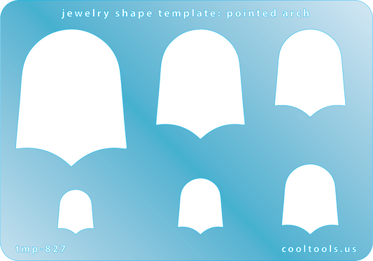 Blue plastic Jewelry Shape Template - Pointed Arch Includes 6 graduated sizes. Sizes are from 15mm to 47mm.  Our special surface makes it easy to find these templates on your workbench, but allows clarity for positioning.