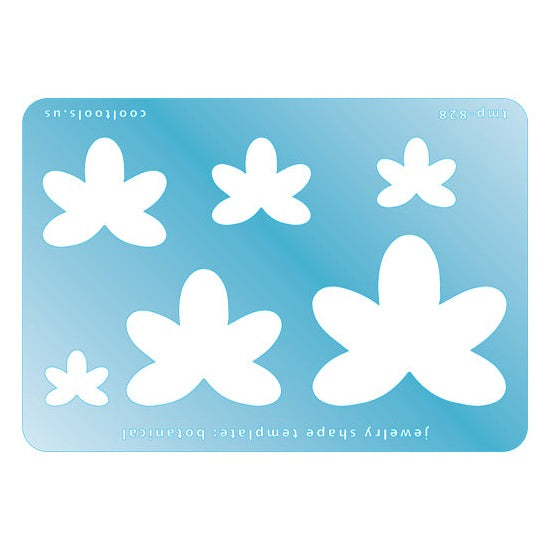 Blue plastic Jewelry Shape Template - Botanical Includes 6 graduated sizes. Sizes are from 15.5mm to 48mm. Our special surface makes it easy to find these templates on your workbench, but allows clarity for positioning.