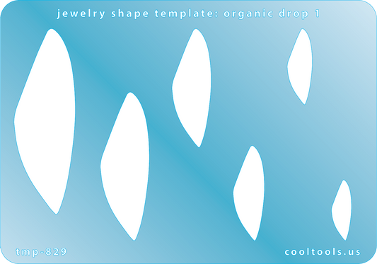 Blue plastic Jewelry Shape Template - Organic Drop 1 Includes 6 graduated sizes. Sizes are from 20mm to 62.5mm.  Our special surface makes it easy to find these templates on your workbench, but allows clarity for positioning. 