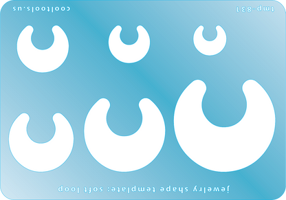 Blue plastic Jewelry Shape Template - Soft Loop Includes 6 graduated sizes. Sizes are from 14.5mm to 45.5mm.  Our special surface makes it easy to find these templates on your workbench, but allows clarity for positioning.