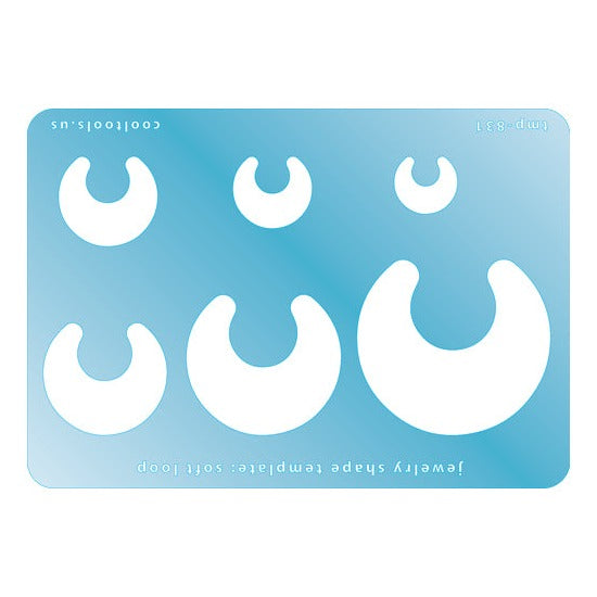 Blue plastic Jewelry Shape Template - Soft Loop Includes 6 graduated sizes. Sizes are from 14.5mm to 45.5mm. Our special surface makes it easy to find these templates on your workbench, but allows clarity for positioning.