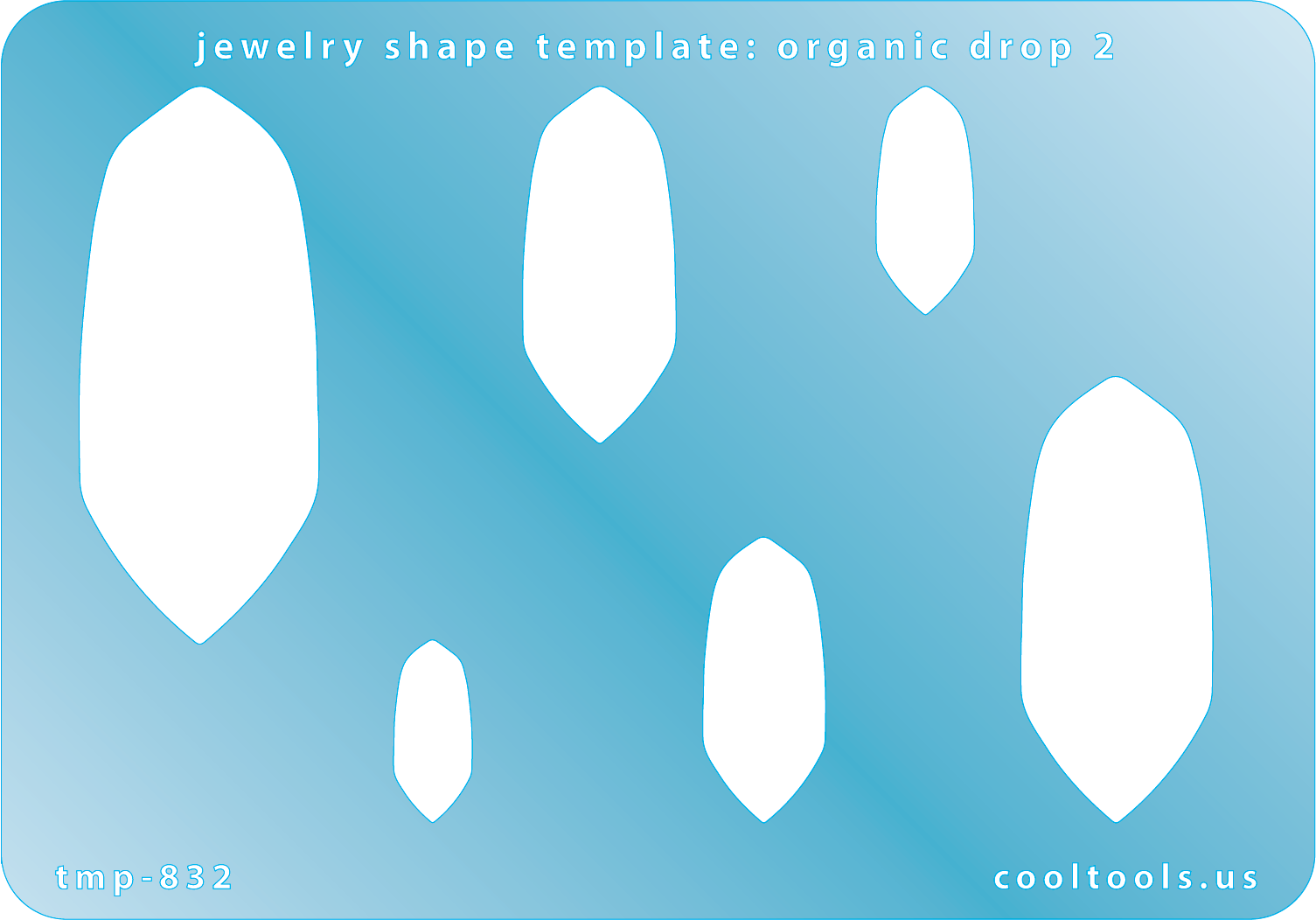 Blue plastic Jewelry Shape Template - Organic Drop 2 Includes 6 graduated sizes. Sizes are from 17.5mm to 54mm.  Our special surface makes it easy to find these templates on your workbench, but allows clarity for positioning.