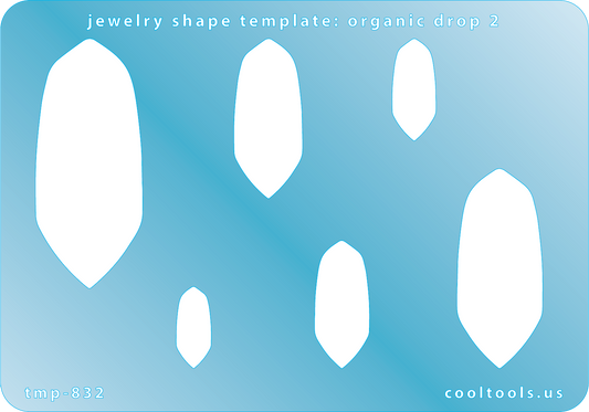 Blue plastic Jewelry Shape Template - Organic Drop 2 Includes 6 graduated sizes. Sizes are from 17.5mm to 54mm.  Our special surface makes it easy to find these templates on your workbench, but allows clarity for positioning.