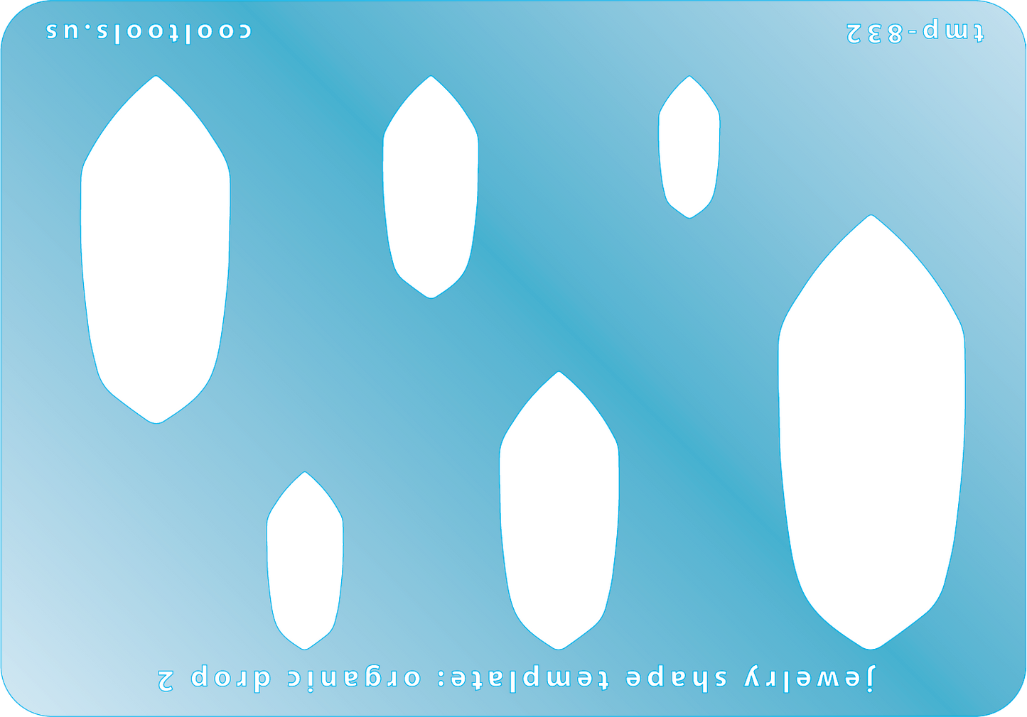 Blue plastic Jewelry Shape Template - Organic Drop 2 Includes 6 graduated sizes. Sizes are from 17.5mm to 54mm.  Our special surface makes it easy to find these templates on your workbench, but allows clarity for positioning.