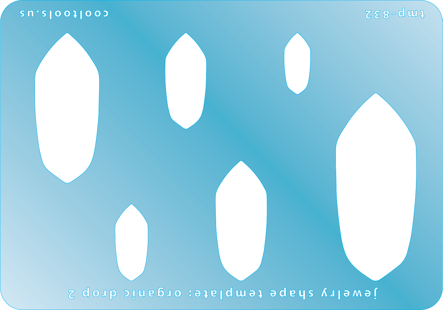 Blue plastic Jewelry Shape Template - Organic Drop 2 Includes 6 graduated sizes. Sizes are from 17.5mm to 54mm.  Our special surface makes it easy to find these templates on your workbench, but allows clarity for positioning.