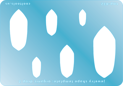 Blue plastic Jewelry Shape Template - Organic Drop 2 Includes 6 graduated sizes. Sizes are from 17.5mm to 54mm.  Our special surface makes it easy to find these templates on your workbench, but allows clarity for positioning.