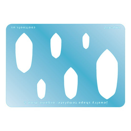 Blue plastic Jewelry Shape Template - Organic Drop 2 Includes 6 graduated sizes. Sizes are from 17.5mm to 54mm. Our special surface makes it easy to find these templates on your workbench, but allows clarity for positioning.