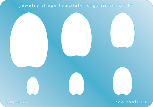 Blue plastic  Jewelry Shape Template - Organic Shape 17 Includes 6 graduated sizes. Sizes are from 15mm to 46.5mm.  Our special surface makes it easy to find these templates on your workbench, but allows clarity for positioning.