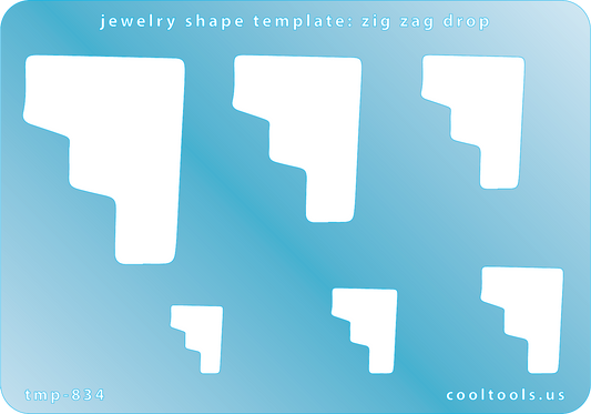 Jewelry Shape Template - Zig Zag Drop Includes 6 graduated sizes. Sizes are from 17.5mm to 53.5mm.  Our special surface makes it easy to find these templates on your workbench, but allows clarity for positioning.
