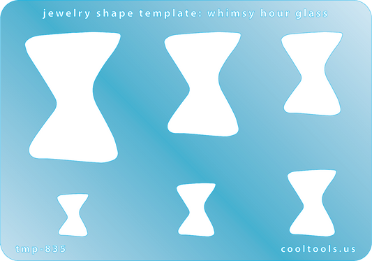 Blue plastic Jewelry Shape Template - Whimsy Hour Glass Includes 6 graduated sizes. Sizes are from 16.5mm to 50.5mm.  Our special surface makes it easy to find these templates on your workbench, but allows clarity for positioning.
