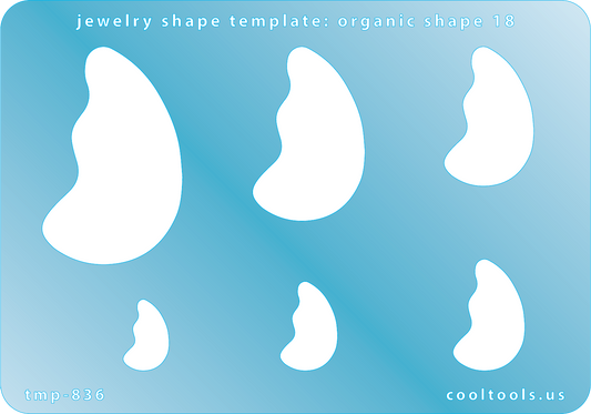 Blue plastic Jewelry Shape Template - Organic Shape 18 Includes 6 graduated sizes. Sizes are from 15mm to 47mm.  Our special surface makes it easy to find these templates on your workbench, but allows clarity for positioning.
